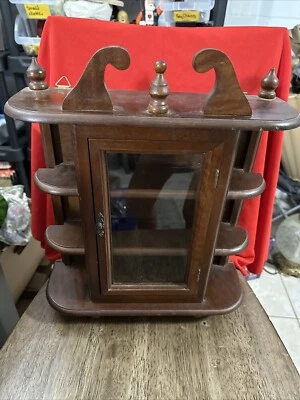 Curio Cabinet Wood 3 Shelves Glass Door Footed Tabletop Wall Hanging Vtg Read - Image 1 of 4