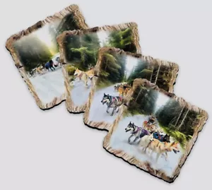 Hand Crafted Wood Set of 4 Designs Husky Sled Dogs Coaster Set Made In The USA - Picture 1 of 10