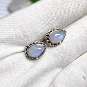 Birne Mondstein Sterling Silber 925 Edelstein Ohrstecker Handarbeit Schmuck Geschenk - Bild 1 von 7