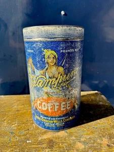 SUPER RARE Antique Wampum Coffee 3 POUND Tin With Lid Stone-Ordean Wells Co. - Picture 1 of 12