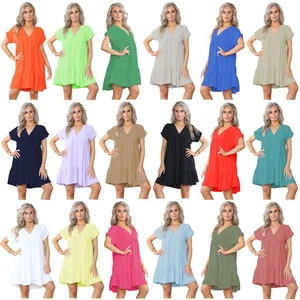 Ladies Tiered Smock Mini Dress Flared Summer Dress Short Sleeve Ruffle Hem Top - Picture 1 of 28