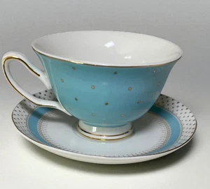 Grace Teaware Aqua Blue Gold Polka Dots 6oz China Tea Cup and Saucer REPLACEMENT - Picture 1 of 15