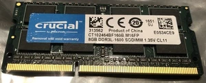 CRUCIAL 8GB DDR3L 1600 SODIMM CT10246BF160B M16FP LAPTOP MEMORY - Picture 1 of 3