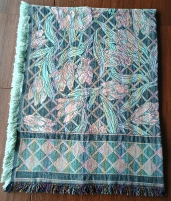 Goodwin Weavers Throw Flowers Floral Pastel Cotton 67" x 53" w/Fringe VINT EXC - Image 1 of 4