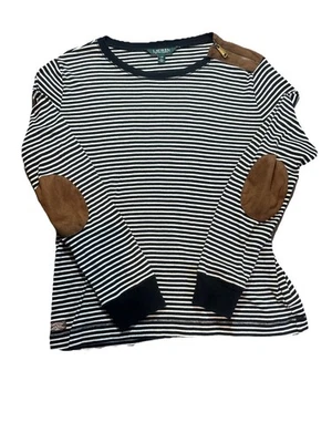 Y2K Lauren Ralph Lauren Top Womens L Stripe Blue White Suede Zip Patches Preppy - Image 1 of 4