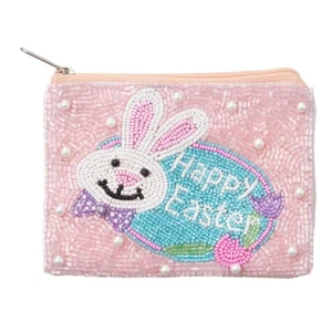 Easter Rabbit "Happy Easter" Seed Bead & Faux Pearl Embellished Mini Pouch Bag - Picture 1 of 2