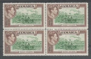 JAMAICA SG130 el 1938 GVI 1/- verde y púrpura marrón en un magnífico bloque MNH de 4 - Imagen 1 de 2