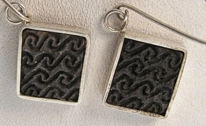 Sterling .950 Artist signed Square Dangle Patterned Ancient Roman Glass Earrings - Picture 1 of 9
