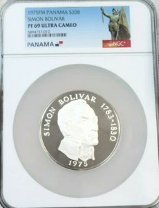 1975 PANAMA SILVER 20 BALBOAS SIMON BOLIVAR NGC PF 69 ULTRA CAMEO RARE TOP POP  - Picture 1 of 6