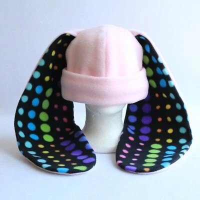 Long ear BUNNY rabbit HAT beanie PINK & POLKA DOT rainbow lgbtq CHRISTMAS gift - Image 1 of 3