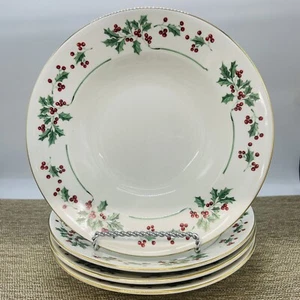 Gibson Everyday Christmas Holly Silver Rim 8" Coupe Soup Bowls, set of 4 - Picture 1 of 6