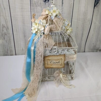 Tarjeta de boda de metal jaula para pájaros utilería redonda abovedada cinta de encaje floral con gancho de colección Foto 1 de 4