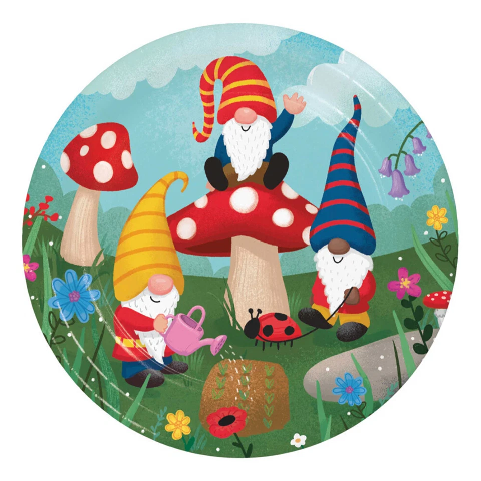 Gnomes  Party Supplies Paper Dinner Plates 8 Pack Birthday Boy Girl Tableware  - Image 1 of 1