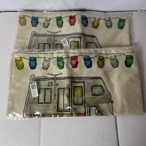 *2* Happy Camper Square Throw Pillow Cases Burlap Camping Owls 17x17 RV Class C - Picture 1 of 3