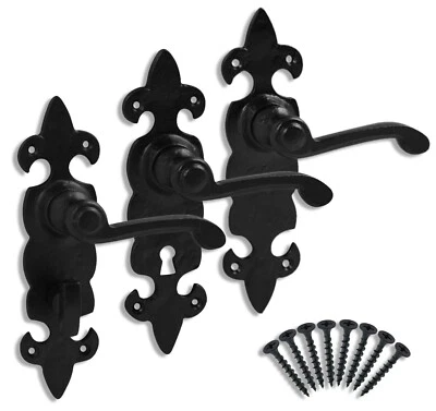 Black Cast Iron Fleur De Lys Door Handles – Latch, Lock or Bathroom Lever Sets - Image 1 of 2