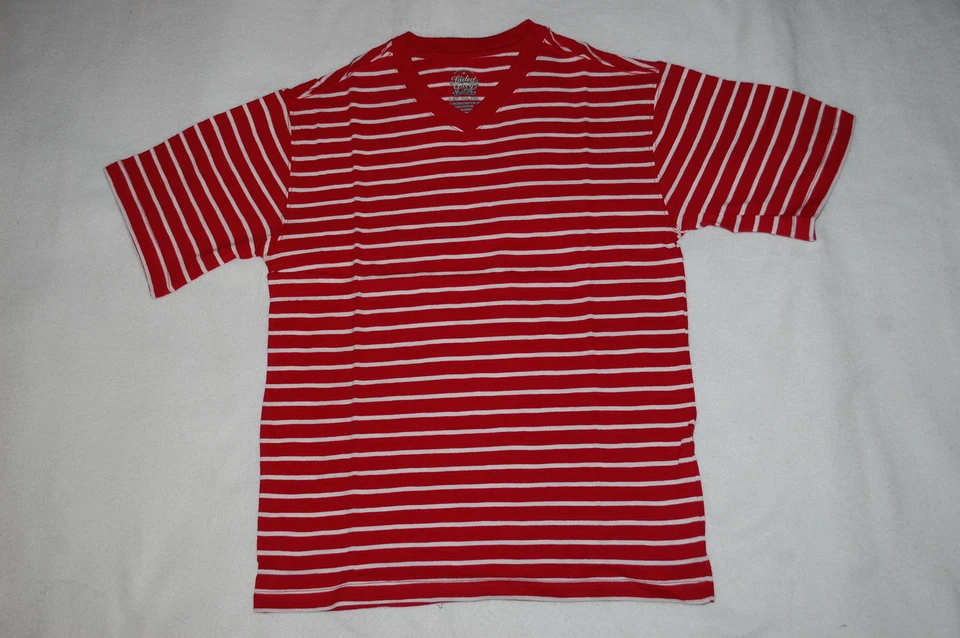 Boys S/S Tee Shirt DARK RED w/ WHITE STRIPES V-Neck SIZE M 8 L 10-12 XL 14-16 - Image 1 of 1