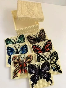 7 Vintage BUTTERFLY Plastic Canvas Embroidery COASTERS IN BOX Butterflies 9pc - Picture 1 of 2