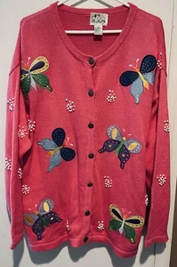 Quacker Factory Cardigan Women's Plus 1X Embroidered Butterfly Sweater Pink VTG - Picture 1 of 9