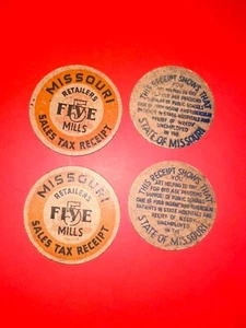 Lot of 4 Vtg. 1930s Missouri 1 Mill & 5 Mills Sales Tax Receipt Token - Picture 1 of 5