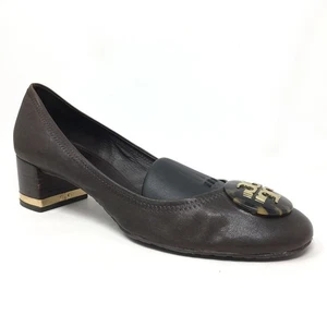 Tory Burch Amy Logo Pump Heels Shoes Womens Size 10.5 Brown Leather Slip On - Picture 1 of 9