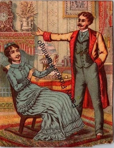 Antique Victorian Trade Card Parlor Scene with Couple & "The Council in Session - Picture 1 of 2