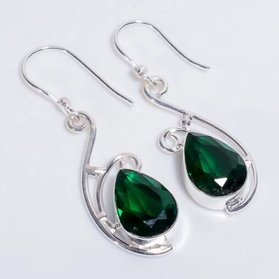 Pendientes de plata de ley 925 con piedras preciosas étnicas hechas a mano de diopsido 1,9" v710 Foto 1 de 4