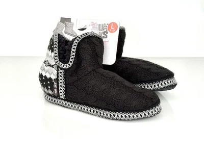 Muk Luks Women’s Knit Slippers L 9-10 Black Gray Sherpa Lined Fair Isle Booties - Image 1 of 4