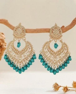 Gold & Green Jhumka ChandBali Earrings Indian Bollywood Pakistani Tribal - Picture 1 of 2