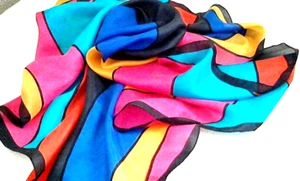 100 % Seide breiter gewellter gestreifter Schal lebendige Farben 31""x32"" Rollsaum NTags BTD - Bild 1 von 7