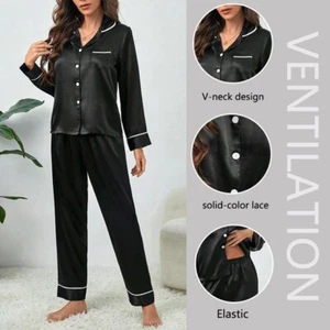 Womens Silk Satin Pajamas Set Long Sleeve Sleepwear Button Down Loungewear - Picture 1 of 21