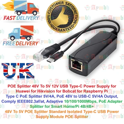POE Splitter 48V To 5V 12V USB Type-C Power Supply Cable RJ45 10/100/1000Mbps UK - Image 1 of 4