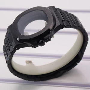 39.5mm Black PVD Wire drawn Nautilus Watch Case+Strap Sapphire Glass For nh35/36 - Picture 1 of 11