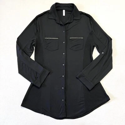 Splendid Black Pj Top Button Curved Hem Roll Tab Sexy Boyfriend Sleep Shirt M - Image 1 of 4