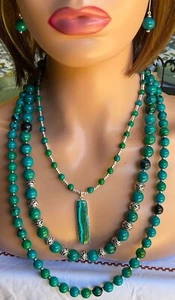 Blue Green Peacock Natural Stone Necklace Earring Bracelet Set - Picture 1 of 7