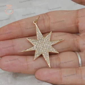 Solid 14k Yellow Gold Star Pendant Natural White Diamond Stardust Charm Jewelry - Picture 1 of 9