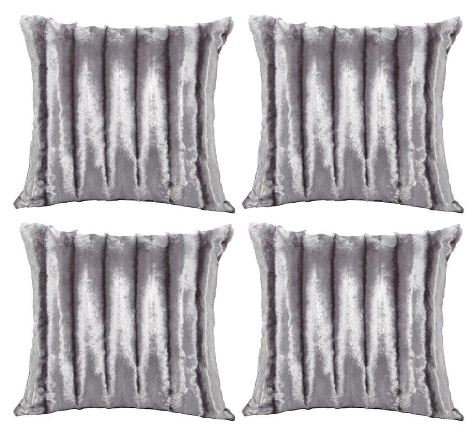 Set of 4 Grey Silver Luxury Soft Faux Fur Cushion Covers 18" or Large 22"        - Image 1 of 1