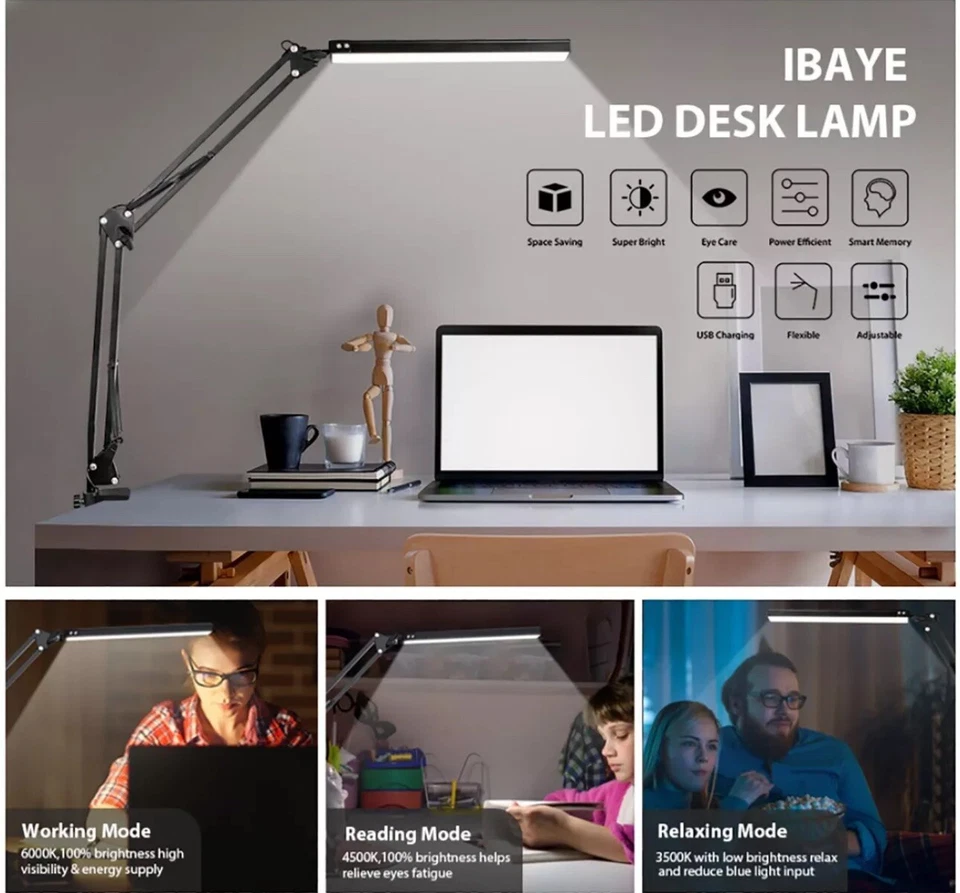 Eye Caring Dimmable Swing Arms LED Desk Light For Study Reading Work - USB 5V - Image 1 of 4