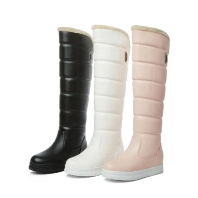 Womens Winter Snow Hidden Wedge Heel Boots Knee High Fleece Lined Shoes Flatform - Image 1 of 4