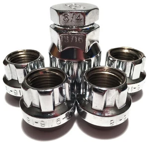 4 CHROME OPEN END BULGE 9/16 WHEEL RIM ACORN LOCKING LUG NUTS LOCKS AND 1 KEY - Picture 1 of 1