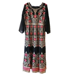 Wunderschönes besticktes Blumen Kleid Hochzeit Festival Kurta rosa schwarz gold Seide - Bild 1 von 11