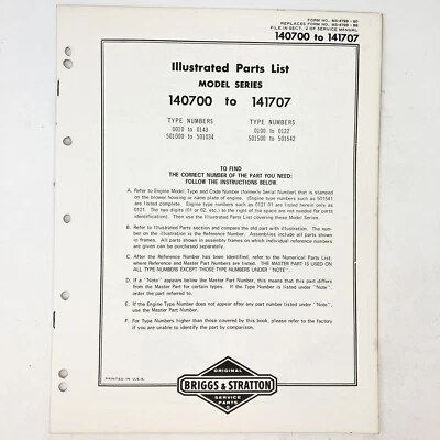 Vintage 1973 Briggs & Stratton 141700-141707 Illustrated Parts List - Image 1 of 2