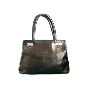 Ceancarel Vintage Leather Handbag Black Top-Handle Gold-toned Ring Close - Picture 1 of 17