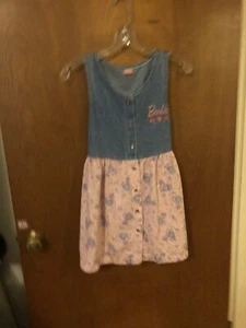 Vintage 1990s BARBIE Denim Jean Dress Embroidered Tea Kettle and Cups GIRLS Sz 6 - Picture 1 of 8