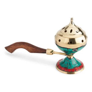 Incense burner with wooden handle and stones brass incense burner turret lid - Picture 1 of 1