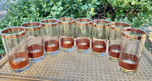 VINTAGE CULVER DEVON Pinstripe Highball Glasses MCM Grid Brick Red 22k Gold - 8 - Picture 1 of 10