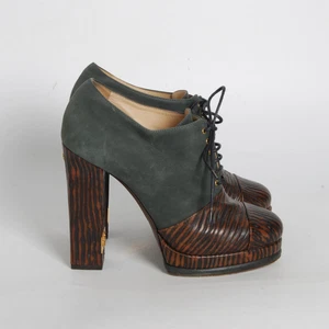CHANEL Women Gray Brown Ankle Boots Leather Lace Up Wood High Heel Booties EU 41 - Picture 1 of 8