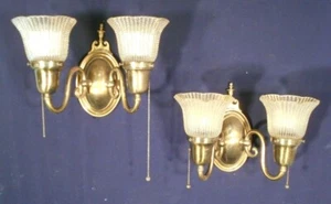 PAIR EARLY 20th CENTURY DOUBLE ARM BRASS SCONCES WITH BEADED HOLOPHANE SHADES - Picture 1 of 6