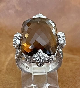 Authentic Judith Ripka Sterling Champagne Smokey Quartz,Diamonique Cz Ring Sz 5 - Picture 1 of 12