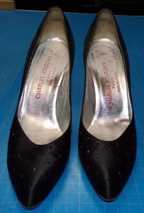 Vintage 1980 Charles Jourdan Women's Black Suede & Satin Heels 7 1/2 - Picture 1 of 12