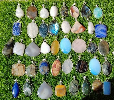 Opalite & Mix Gemstone 925 Sterling Silver Plated Wholesale Lot Bezel Pendants  - Image 1 of 3